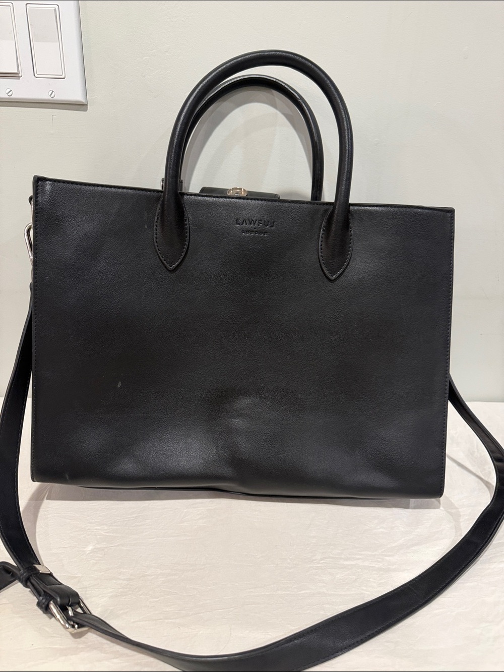 Lawful London Black Leather Tote with Detachable Strap